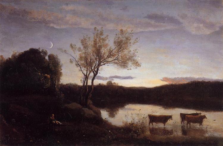 A pond with three cows and a growing moon - 1850