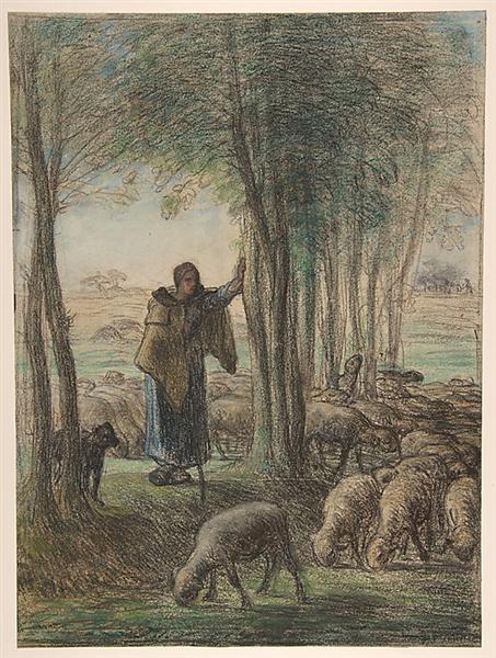 Een herder en haar kudde in de schaduw van de bomen - 1855