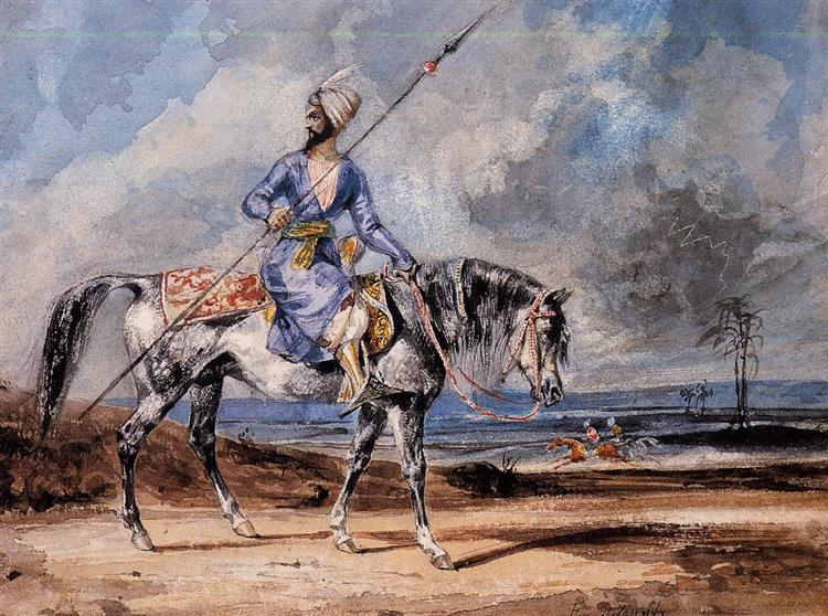 A Turkish man on a gray horse