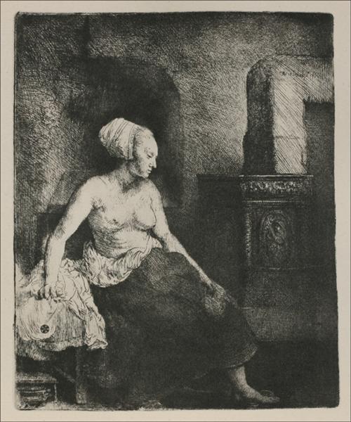 Una donna seduta in una stufa olandese - 1658