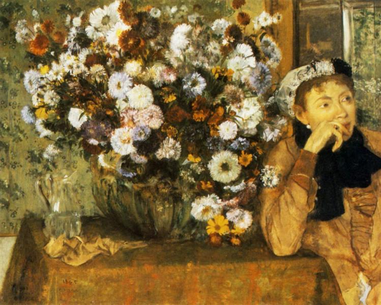 Una donna seduta accanto a un vaso di fiori - 1865