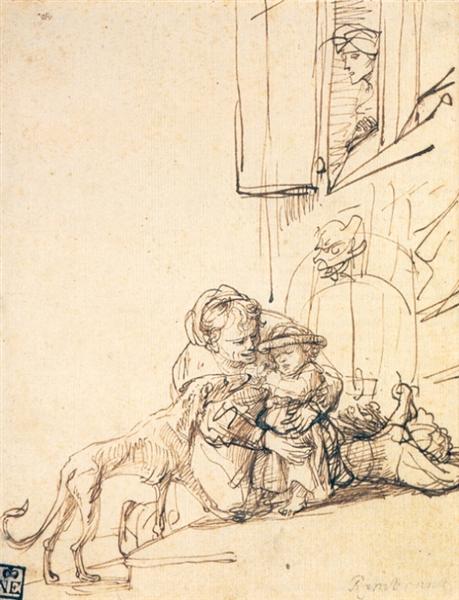 Une femme avec un enfant effrayé par un chien - 1636