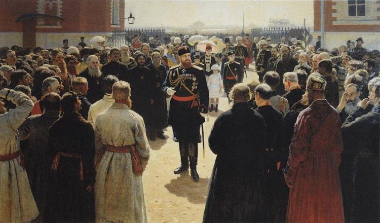 Alexandre III recebe os anciãos do distrito rural no pátio do Palácio Petrovsky, em Moscou - 1886