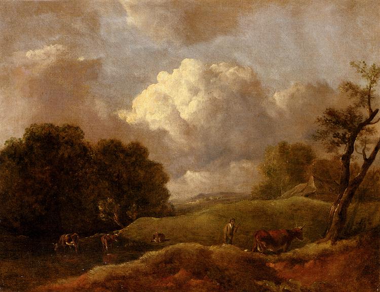 An extensive landscape with cattle and a shepherd.