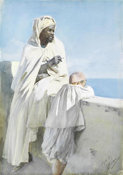 En algerisk man och barn som tittar genom Algiers Bay - 1887