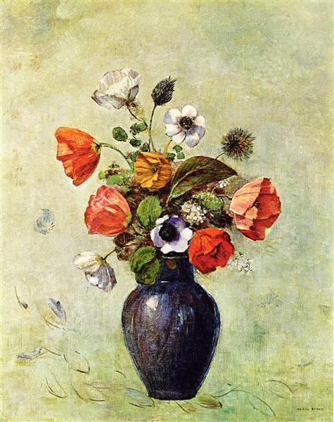 Anémones et coquelicots dans un vase.