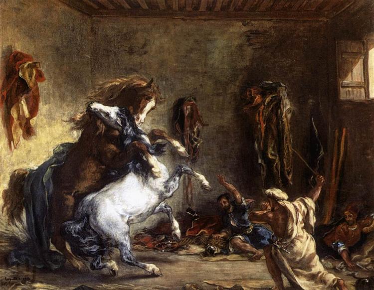 Arabiske hester som kjemper i en stall - 1860