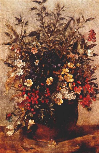 Bays and autumn flowers in brown pot.