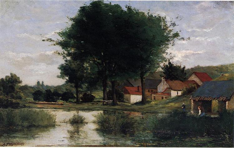 Efterårslandskab (gård og dam) - 1877