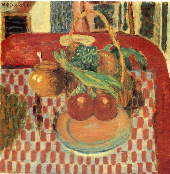 Basket and fruit plate on tablecloth paintings ROJOS - 1939