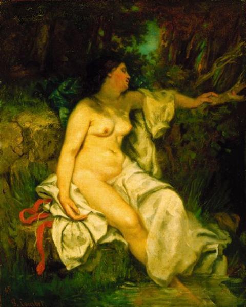 Bather sleeping next to a stream