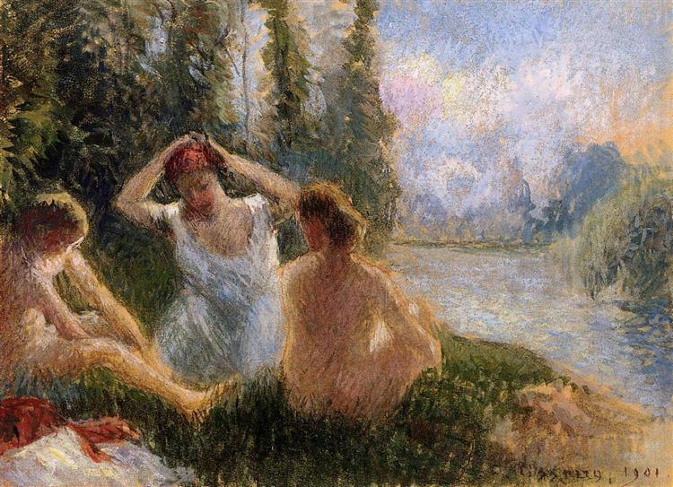 Sitting bathers on the banks of a river - 1901