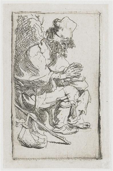 Mendigo sitting by heating her hands in a warm -up - 1630