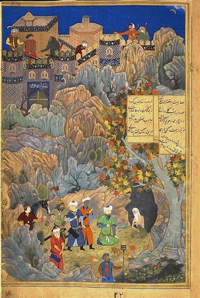 Iskandar - simile a Husayn Bayqara - visitando il saggio in una grotta. - 1495