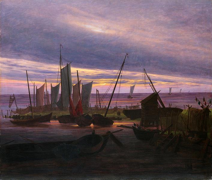 Ships in the port at sunset - 1828