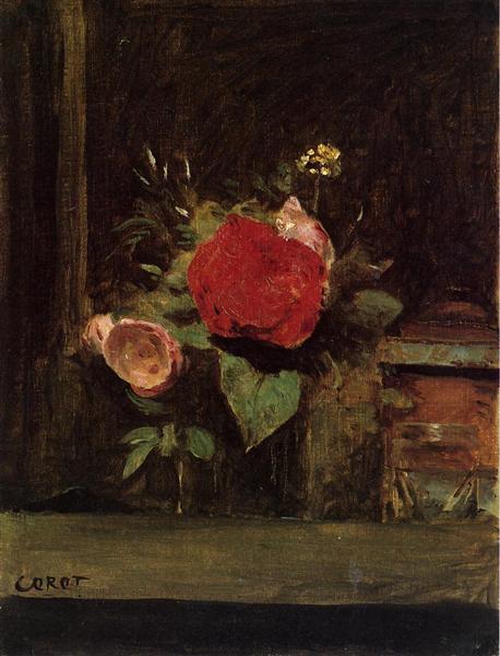 Bouquet of flowers in a glass next to a snuff box - 1874