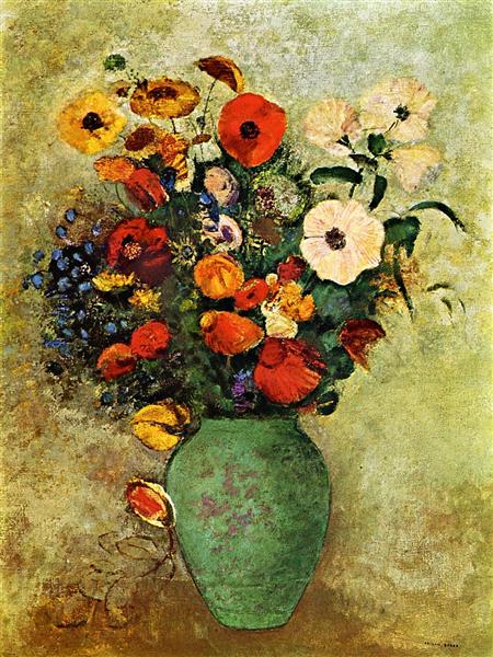 Bouquet of flowers in a green vase - 1907