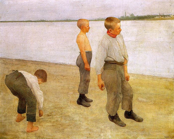 Children throwing stones into the river - 1890