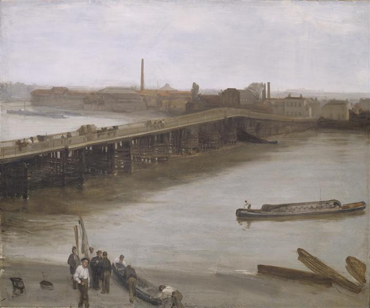 Brown and silver: Old Battersa Bridge - 1859