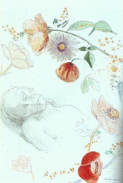 Bust of a sleeping man among flowers