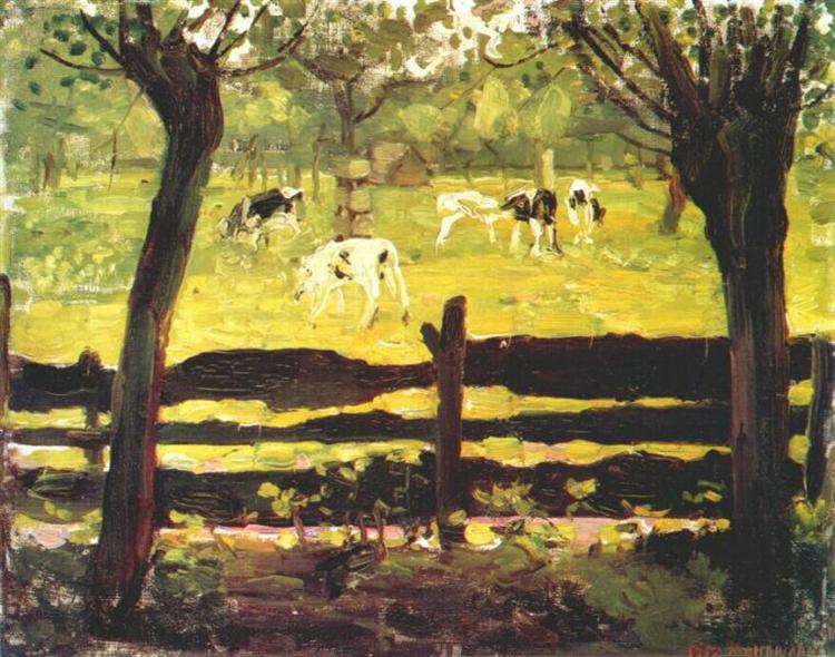 Terneros em um campo cercado por molhos - 1905