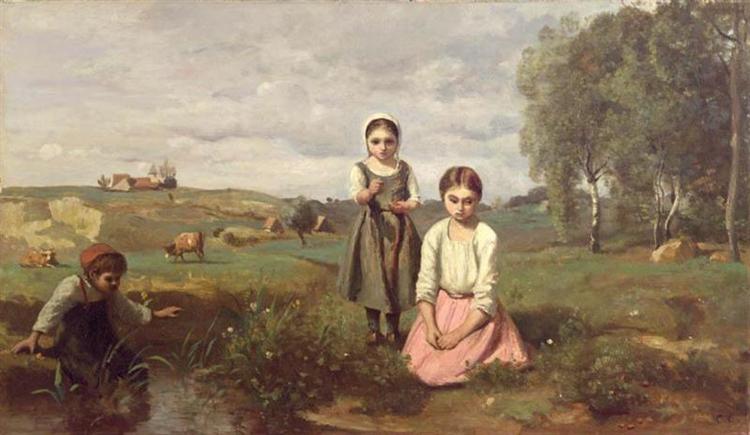 Children next to a stream in the field - Lormes - 1840