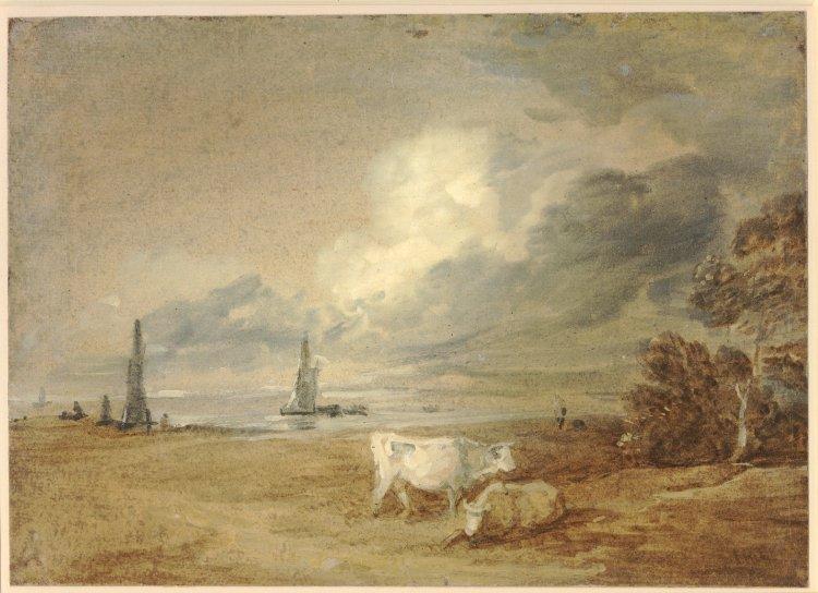 Coastal scene with ships - figures and cows.