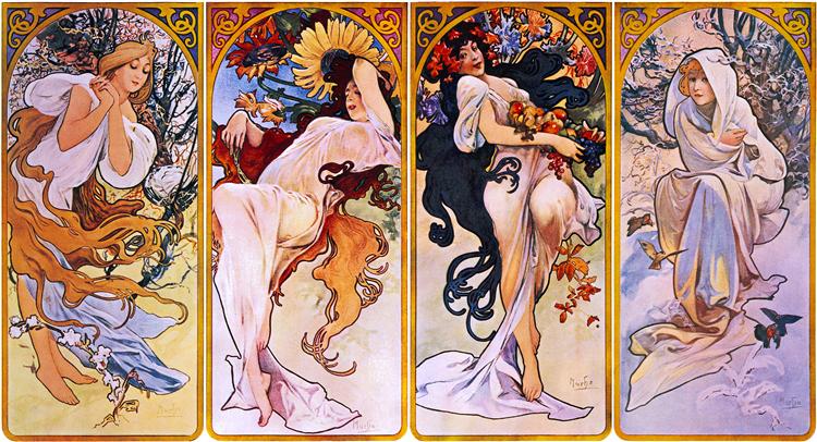 Four panel printing, each of which represents one of the four stations personified by a woman - 1897