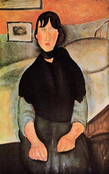 Jeune femme sombre assise à côté d'un lit - 1918