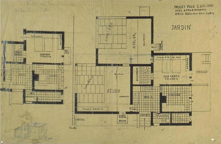 Double study apartment design - plans and axonometry - 1927