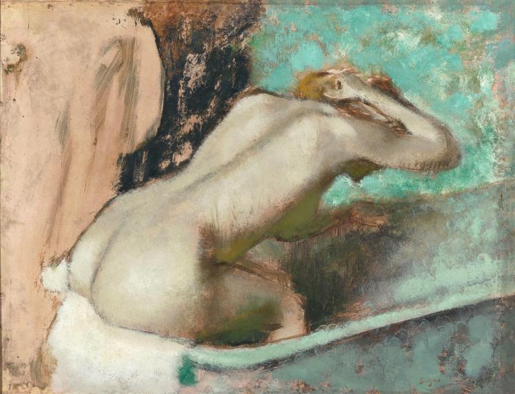 Woman sitting on the edge of a bathtub rubbing her neck with a sponge - 1895