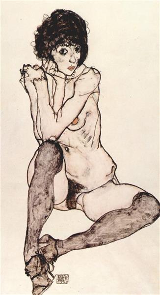 Femme nue assise avec des coudes soutenus - 1914