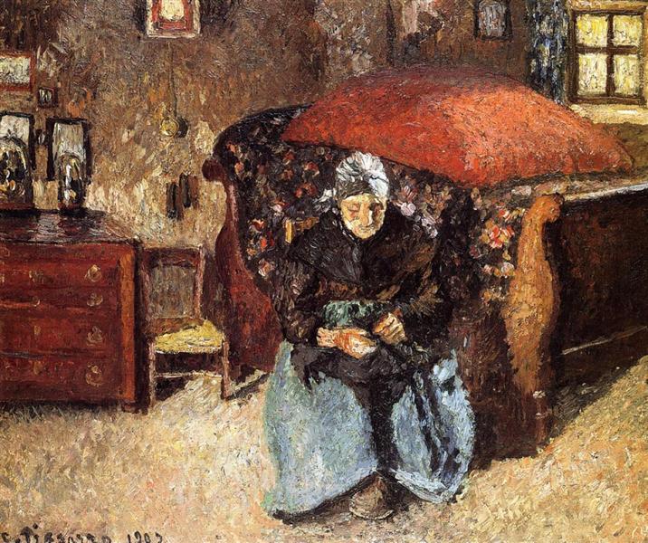 Old woman mending old clothes - Moret - 1902