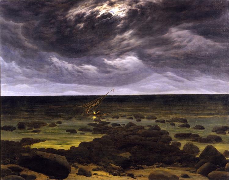 Zee kust met wrak in het maanlicht - 1830