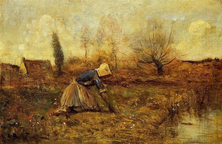 Farmer Kneeling Gathering Dandelions - 1865