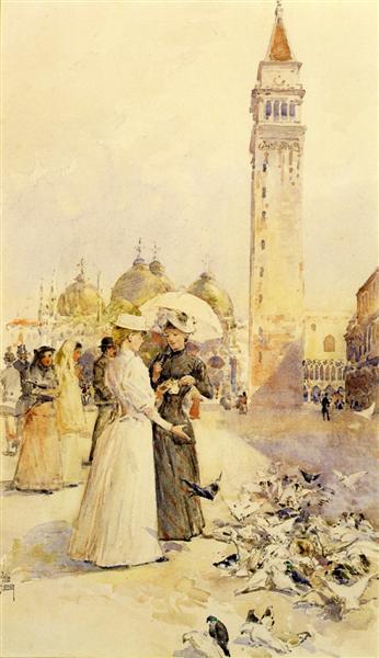 Nutrire i piccioni nella piazza - 1883