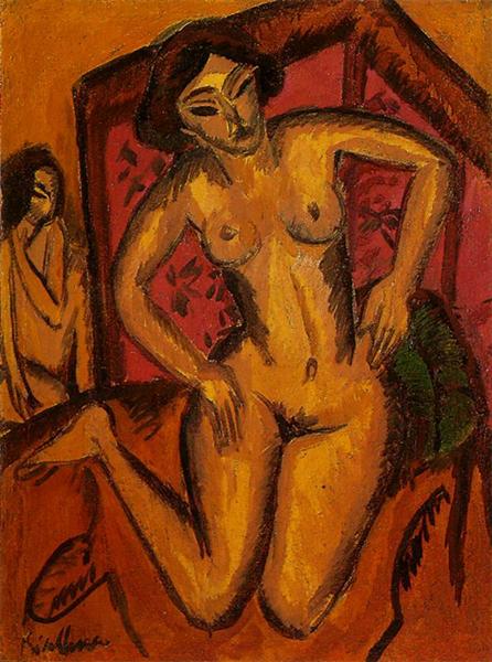 Female nude kneeling before a red screen - 1912