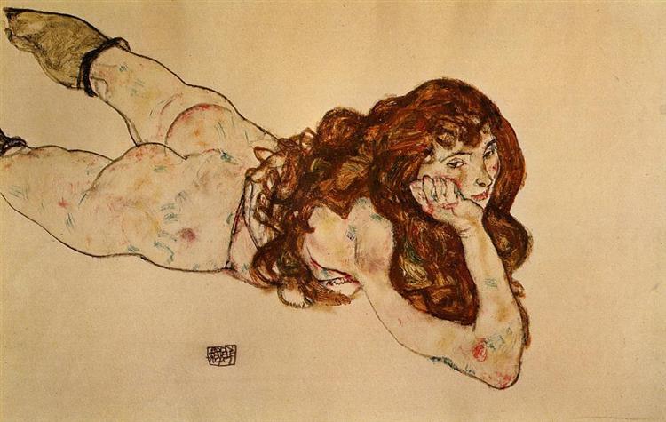 Femme nue allongée sur la bouche - 1917