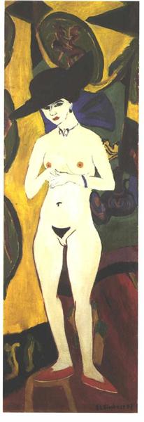 Female nude standing with a black hat - 1920