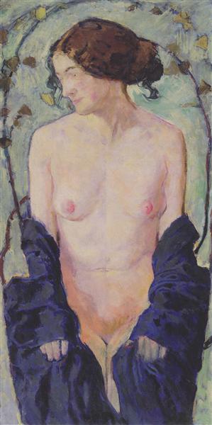 Femmina nuda con stoffa blu - 1913