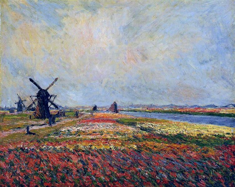 Campos de flores e moinhos de vento perto de Leiden - 1886