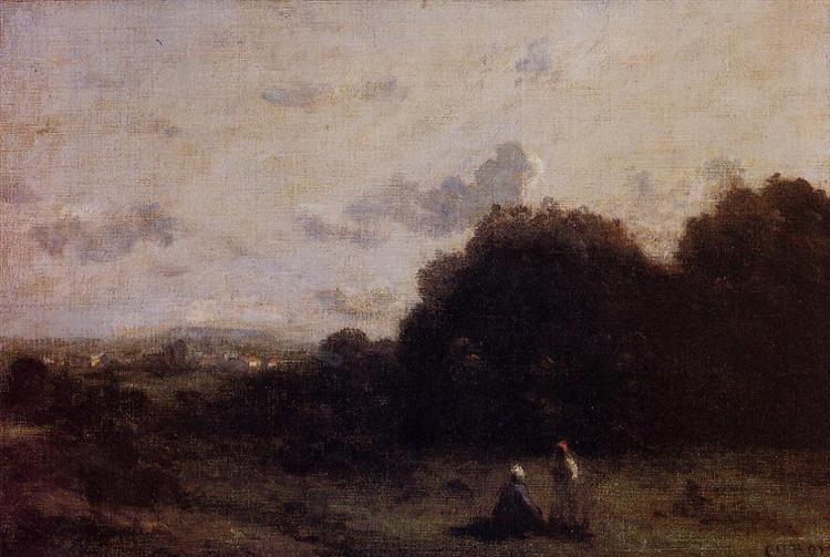 Fields with a village on the horizon: two figures in the foreground