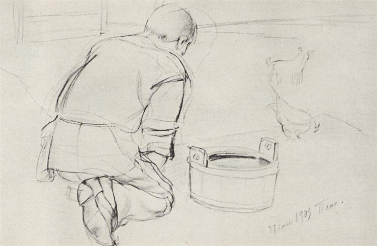 SFPETROVA -VODKIN figure, the artist's father, on his knees from behind - 1909