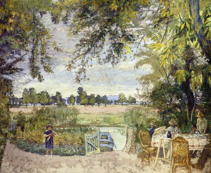 Figures eating in a garden next to the water - 1913