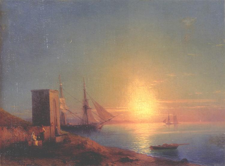 Figures in a coastal landscape at sunset