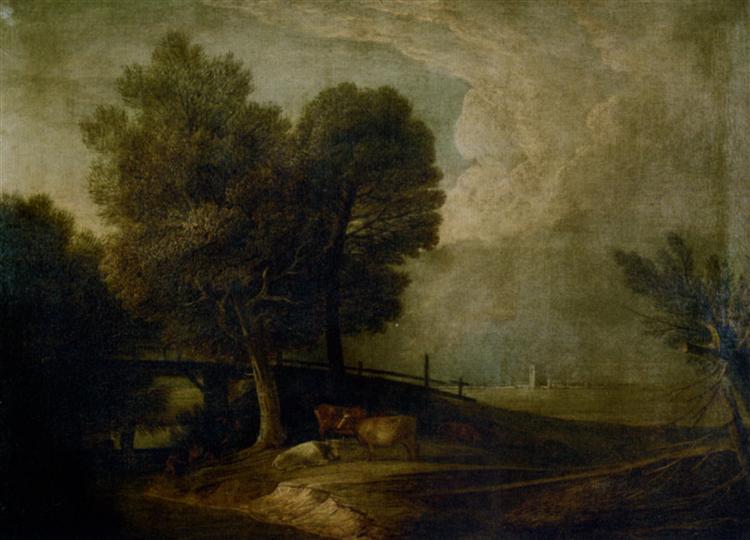 Figures with cattle in a landscape.