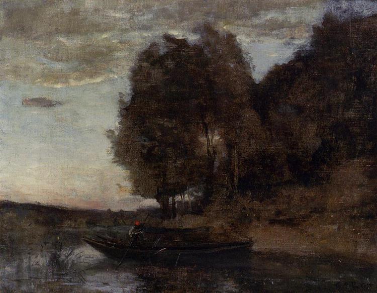 Fisherman walking in boat through a wooded landscape - 1860