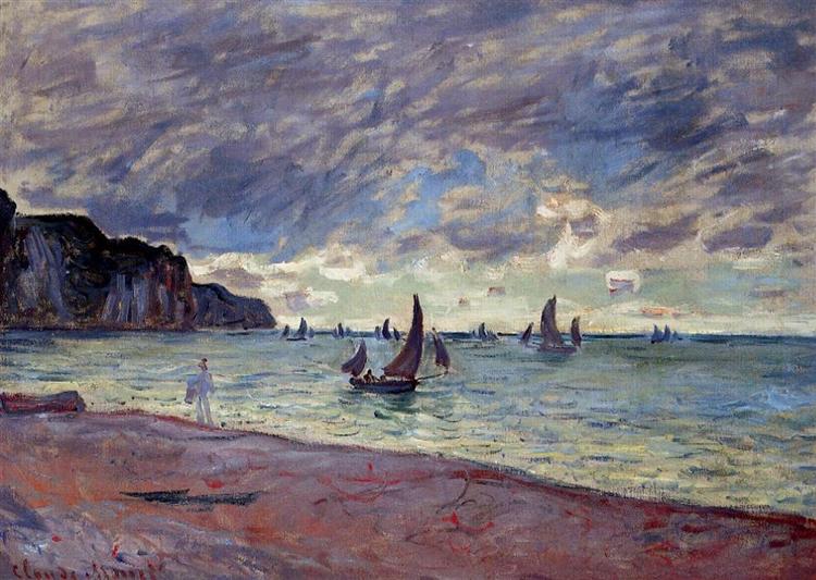 Fiskebåtar bredvid stranden och Pourville Cliffs - 1882