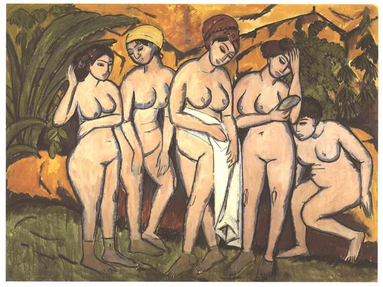 Five women bathing in a lake,