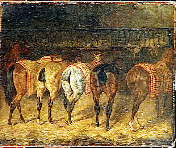 Five horses seen from behind with groups in a stable - 1822